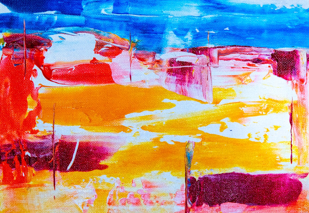 Lively abstract painting featuring vivid blues, reds, yellows, and oranges in an expressionist style.